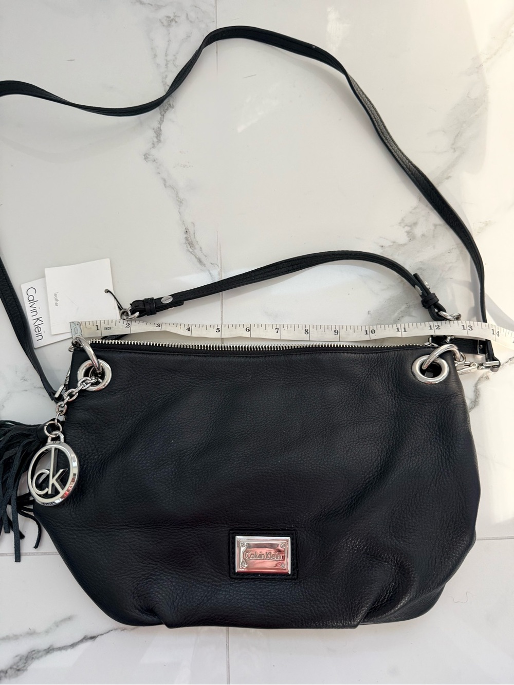 NWT Deadstock Calvin Klein Black Pebble Leather Crossbody Purse Silver Charms